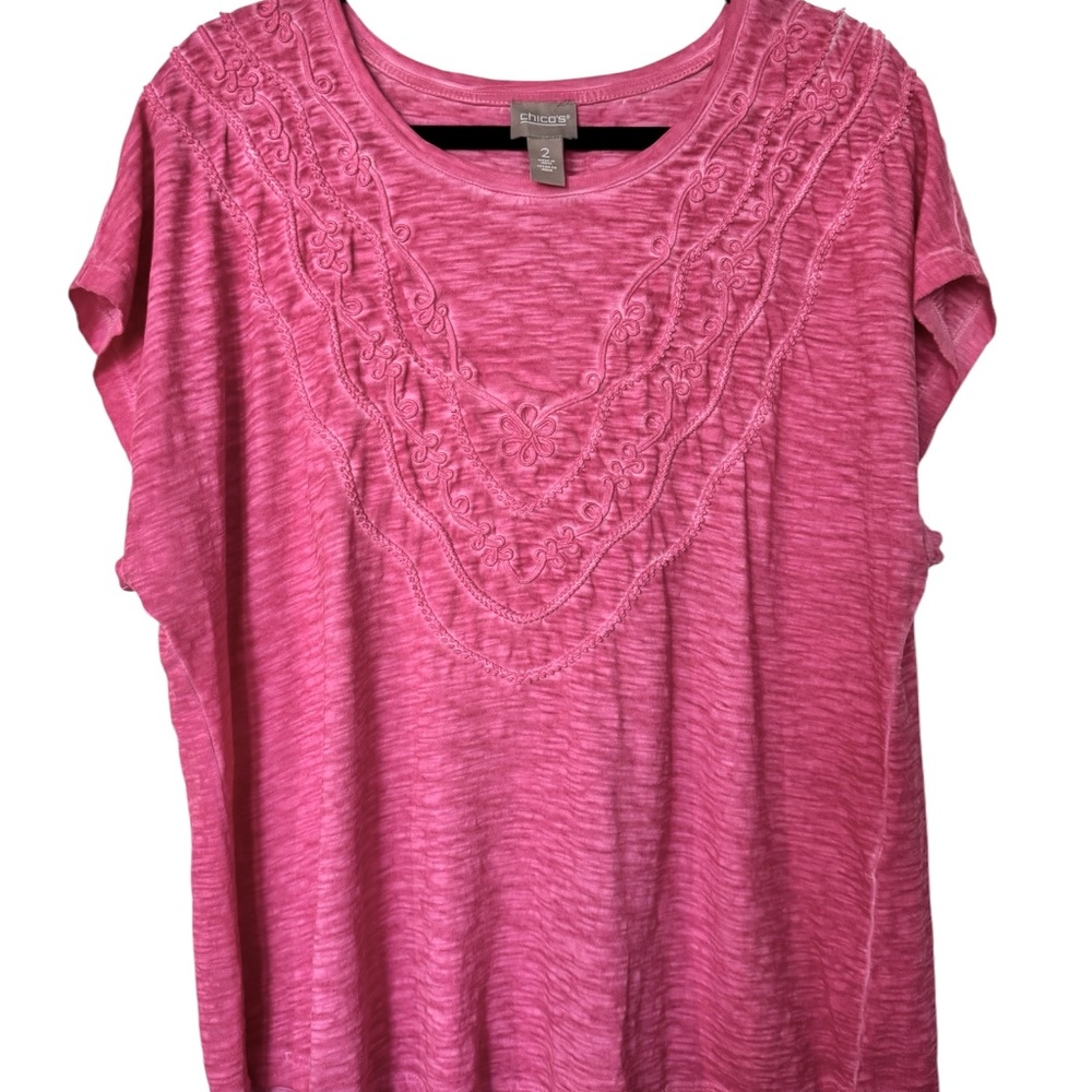 Chicos Hot Pink Embroidered T Shirt, sz 2